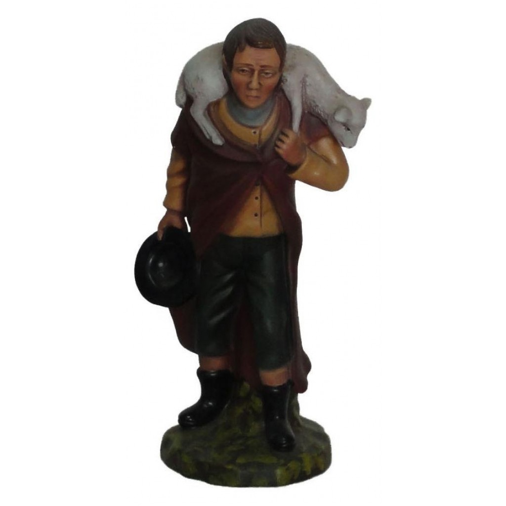 Pastor com Ovelha aos Ombros e Chapéu na Mão 25cm