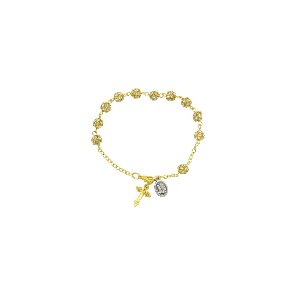 Pulseira Dezena de Fátima Dourada C/Brilhantes Cx