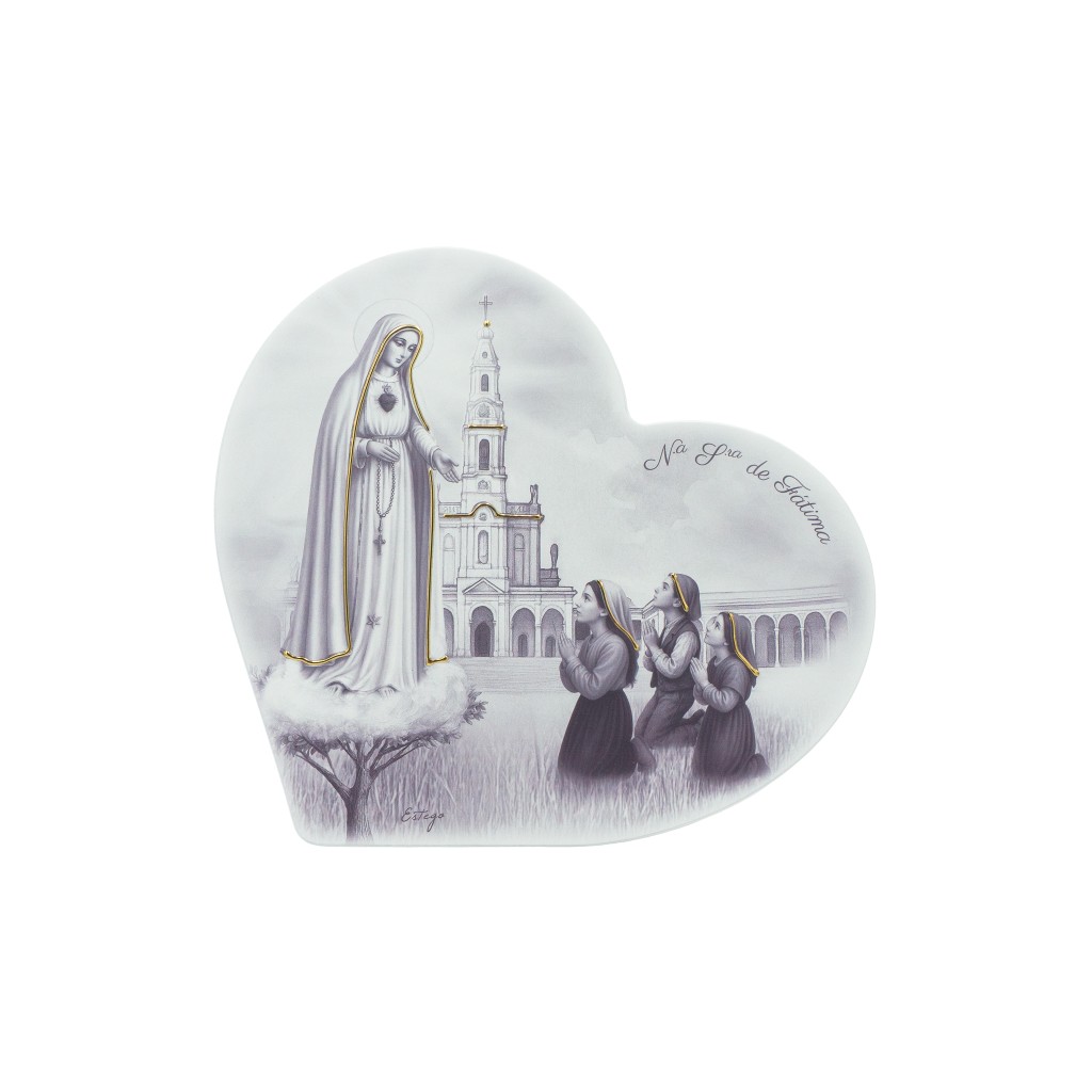 Quadro/ Placa Coração C/ Aparição de Fátima P/B 28x26cm