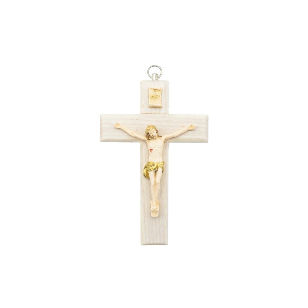 Crucifixo Madeira C/ Cristo Bege+Ouro 13cm