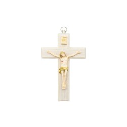 Crucifixo Madeira C/ Cristo Bege+Ouro 13cm