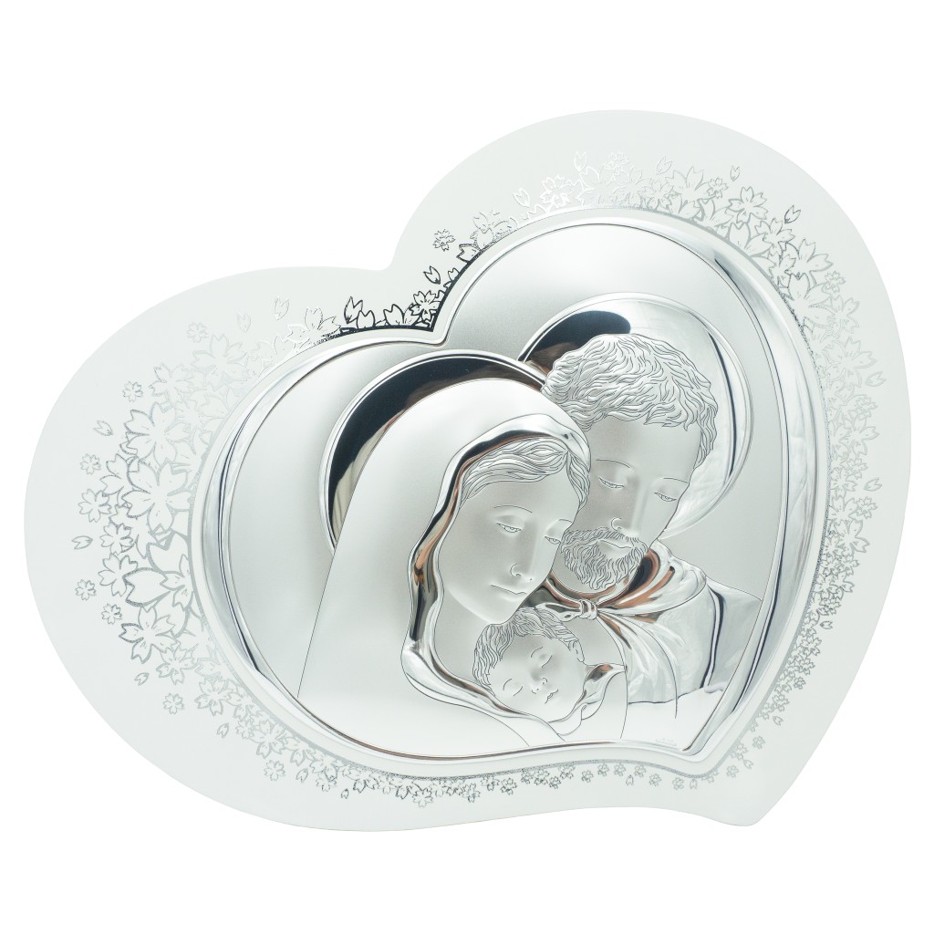 Coração Bilaminado C/ Sagrada Família e Flores 46x37cm