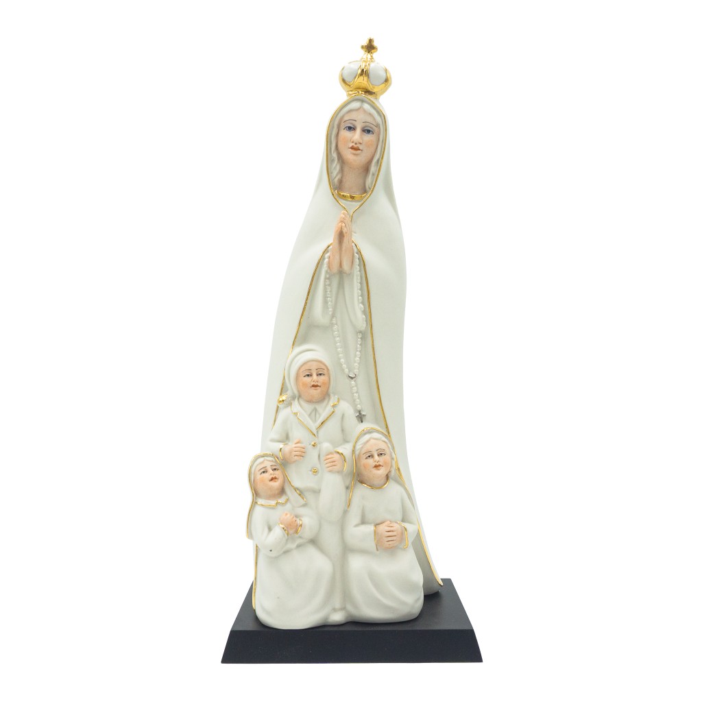 Aparição Fátima Estilizada Porcelana Filete Ouro 37cm