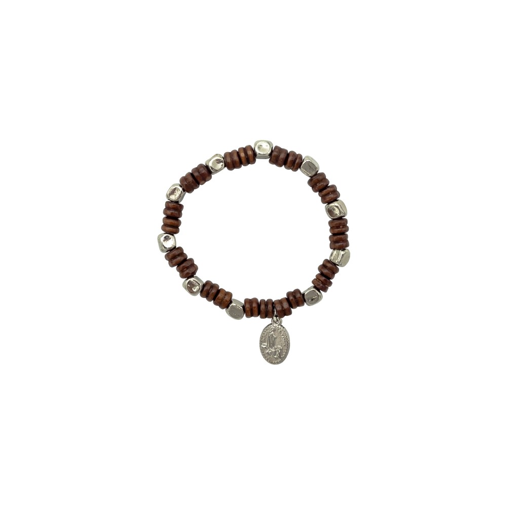 Pulseira Dezena Madeira C/ Cubo Metal C/Medalha 